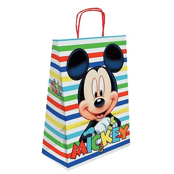 Τσάντα Δώρου Χάρτινη Mickey Άσπρη με Ρίγες (32cm) 32x24x10cm Disney - (25ΤΕΜ) - (19-367)
